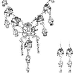 Women's Silver Pirate Skull Necklace & Bracelet Set Edgy Jewelry Gift